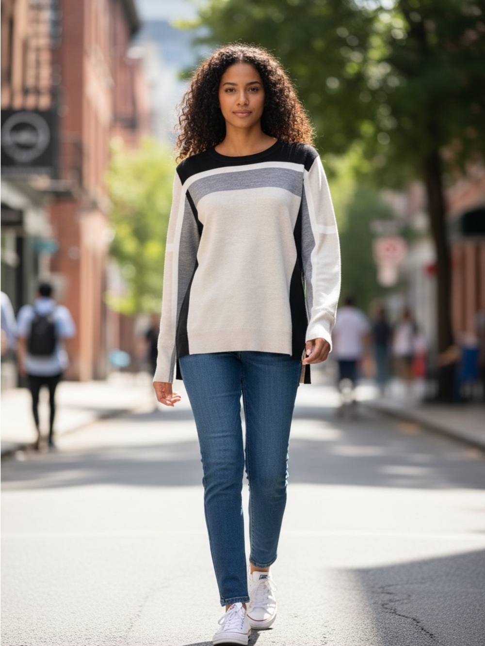 Athleta Merino Extra Fine Wool Blend in Black/Gray/Cream Colorblock Pullover | M